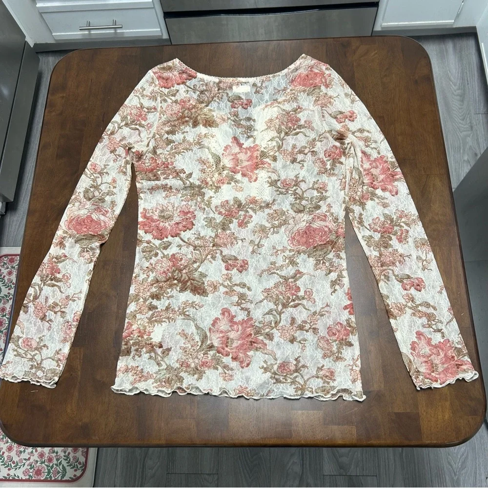 Denim & Supply Ralph Lauren Pink Floral Lace Henley Blouse Y2K Top Size L - Picture 4 of 15